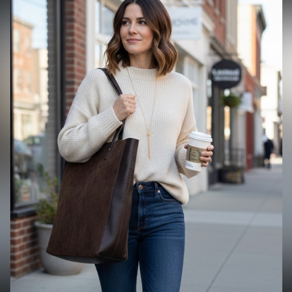 Time For Me Deep Chocolate Brown Suede & Pebble Leather Tote Bag - Spacious